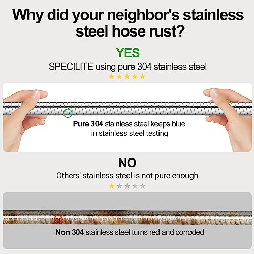 SPECILITE 50ft 304 Stainless Steel Garden Hose Metal, Heavy Duty Water Pipe with Nozzles for Yard, Outdoor - Flexible, Never Kink & Tangle, Puncture Resistant (Sliver)