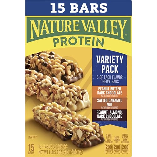 Nature Valley Protein Bars Variety Pack, Gluten Free Chewy Granola Snack Bars, 10g Protein, Peanut Butter Dark Chocolate, Salted Caramel Nut, Peanut Almond Dark Chocolate, 15 Count, 21.3 oz Box