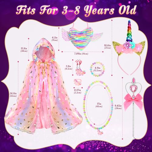 Fedio Princess Dress up for Girls,Unicorn Light up Princess Cape Set,Light up Princess Dress with Unicorn Toys for Girls 3-8
