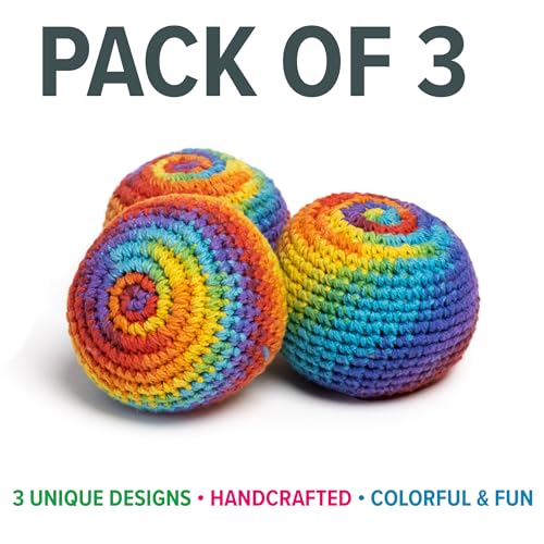 BOONI Handmade Crocheted Footbag- Pack of 3 – Durable Woven Cotton Kick Ball for Style Games, Juggling, Tricks & Outdoor Games - Great as Stress Relief Fidget Toys– Made in Nepal