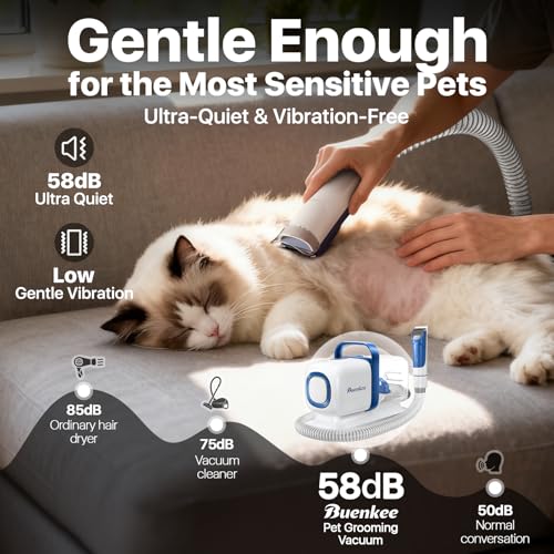 buenkee Dog Grooming Kit with Vacuum, 15000Pa Pet Hair Clipper and Shedding Brush, 50dB Low Noise, 2L Capacity, White