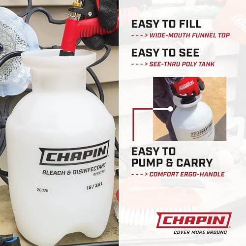 Chapin 20075 Bleach Pump Sprayer, 1‑Gallon, Lawn & Garden, Bleach‑Resistant Poly Tank, Funnel‑Top, Anti‑Clog Filter, Adjustable Cone Nozzle, 40" Hose for Cleaning, Mold & Disinfecting Applications