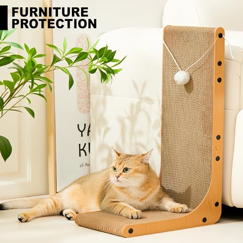 Value 2-Pack 23.6 Inch L-Shaped Cardboard Cat Scratcher, Dual Use (Vert/Horiz) Scratch Pad with Toy Balls, Wall-Mountable Furniture Protector Cat Scratchers for Indoor Cats