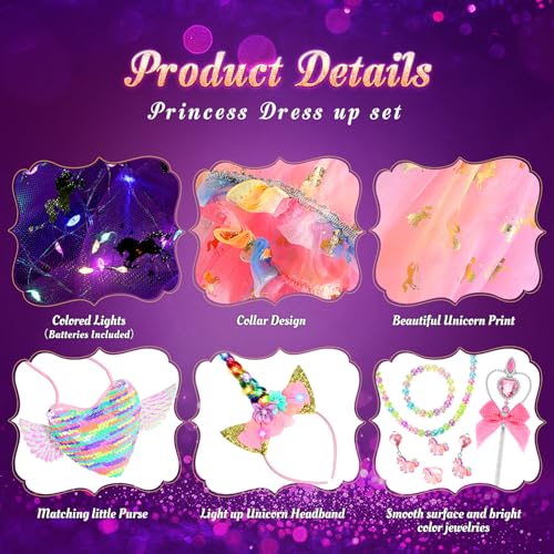 Fedio Princess Dress up for Girls,Unicorn Light up Princess Cape Set,Light up Princess Dress with Unicorn Toys for Girls 3-8