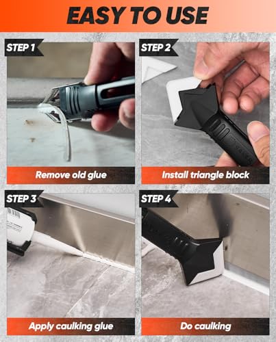 Saker Silicone Caulking Tool 3-in-1 Grout Removal Tool and Sealant Finishing Scraper with Stainless Steelhead, Caulk Remover and Seam Repair Kit for Bathroom, Kitchen, Floor, Window and Sink Joints
