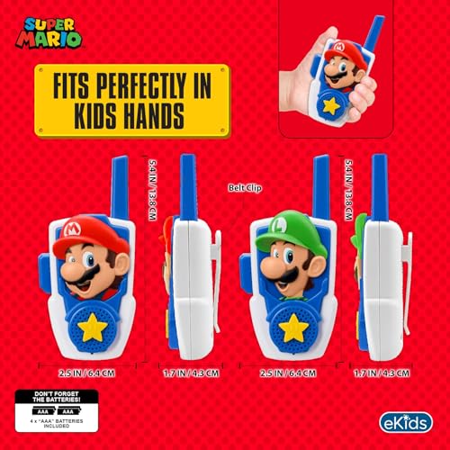 Super Mario Walkie Talkies for Kids, Static Free and Extended Range Indoor and Outdoor Toys for Fans of Mario Toys