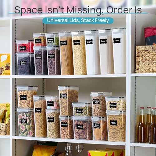 Airtight Food Storage Containers with Lids, Vtopmart 24 pcs Plastic Kitchen and Pantry Organization Canisters for Cereal, Dry Food, Flour and Sugar, BPA Free, Includes 24 Labels，Black