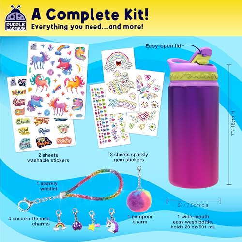 PURPLE LADYBUG Decorate Your Own Water Bottle Kit for Girls - Gift for Girls Ages 5 6 7 8 9 10 Year Old Girl Birthday Gift, Unicorn Toys Crafts Kids Ages 6-12 Mothers Day Crafts for Kids