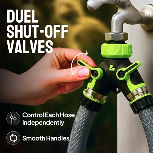 LIME 2 Way Hose Splitter Heavy Duty - Metal Y Garden Hose Splitter with Shutoff Valves, Brass Outdoor Faucet Adapter for Spigot, 3/4 Inch GHT Water Hose Connector - Green