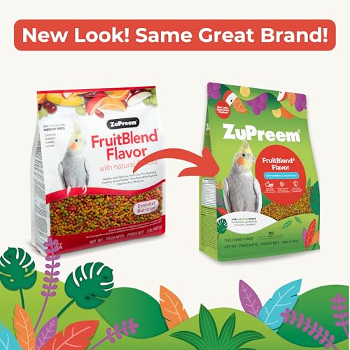 ZuPreem FruitBlend Bird Food, Bird Feed Pellets for Cockatiels, Lovebirds, Quakers, Small Conures & Lorikeets, Core Nutrition with Natural Fruit, Cockatiel Food, Conure Feed, (Medium, 2 lb Bag)