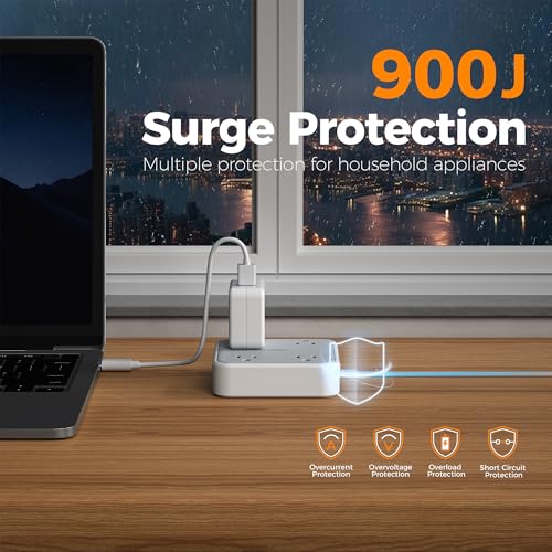 TESSAN Surge Protector Flat Extension Cord 5Ft, Flat Plug Power Strip with 4 Outlets 3 USB Ports (1 USB C), 900 Joules Protection, Multiple Wall Outlet Extender Suitable for Home Office Dorm, Grey