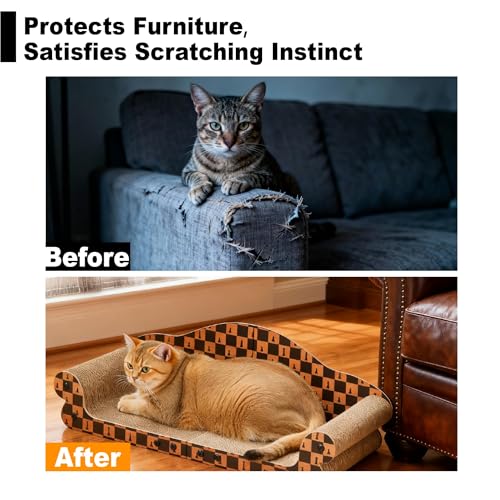 27 Inch Cat Couch Scratcher, Large Cardboard Box with Durable Scratch Pad for Cats, Comfortable Cat Scratching Sofa & Cozy Nest with Reversible Scratchers