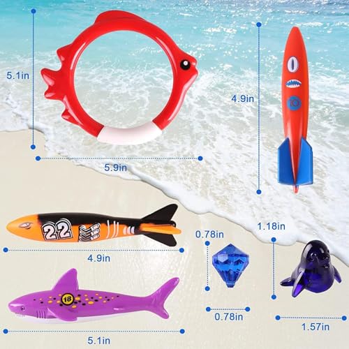 20Pcs Summer Pool Diving Swimming Toys for Kids Ages 3-12, Fun Swim Games Sinking Set, Underwater Dive Gifts with Storage Bag Include Torpedo Gems Shark Rings Sea Animals for Boys Girls Toddlers