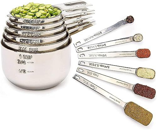 Simply Gourmet Measuring Cups and Spoons Set of 12 – 18/10 Stainless Steel Kitchen Gadgets – Stackable Design with Long Handle Spoons – Fits in Jars – Cooking & Baking Measuring Set for Dry & Liquid