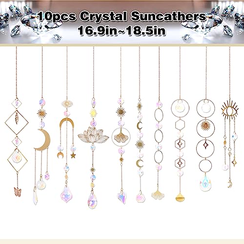 Sun Catchers, 10 Pieces Colorful Crystal Suncatcher with Chain Pendant Ornaments Hanging Crystals Prism Rainbow Maker for Windows Indoor Outdoor Car Mirror Garden Decor Wedding Party Xmas Gift