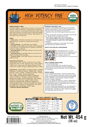 Harrison's Bird Foods High Potency Fine - Certified Organic, Non GMO Formula for Small to Medium Birds - Human Grade Pellets for Molting, Recovering & Weaning Chicks with Balanced Nutrition (1lb)