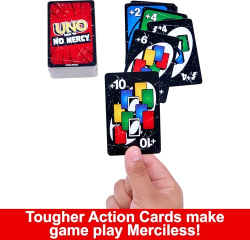 Mattel Games UNO Show ‘em No Mercy Card Game in Storage & Travel Tin for Kids, Adults & Family Night with Extra Cards, Special Rules & Tougher Penalties ( Exclusive)