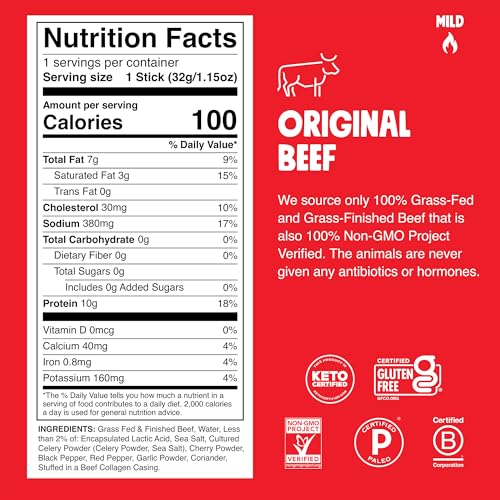 Chomps Grass-Fed and Finished Original Beef Jerky Snack Sticks 10-Pack - Keto, Paleo, Whole30, 10g Lean Meat Protein, Gluten-Free, Zero Sugar Food, Non-GMO