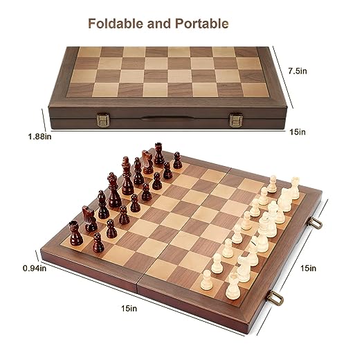 Magnetic Wooden Chess Set for Adults Kids 15'' Chess Board with Handmade Pieces, Folding Portable Travel Unique Chess Sets Game for Tournament Professional Beginner