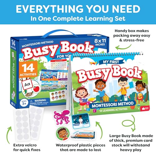 Montessori Preschool Busy Book for Toddlers Ages 3 and Up - Preassembled - Preschool Learning Activities Montessori Educational Toys - Gifts for 3 Year Old Boys, Toddler Learning Toys Activities