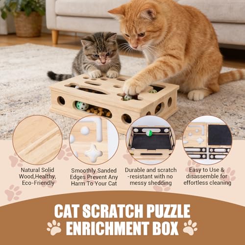 Cat Scratch Puzzle Enrichment Box, Smooth Solid Wood Cat Nail File Enrichment Box with Built-in Sandpaper, Cat Nail File Box Stress Free Alternative to Clippers & Grinders(No Bell Ball)