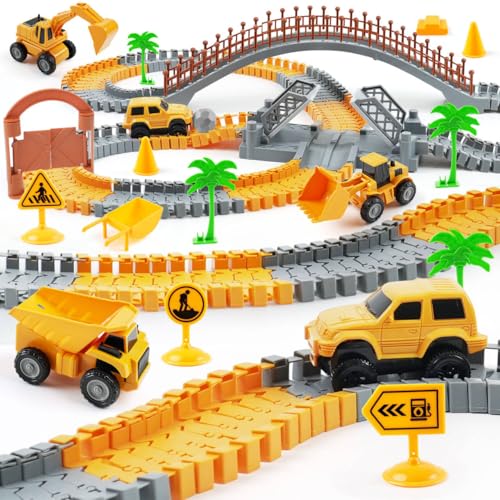 Construction Race Car Track Set for Kids - Flexible Engineering Toys with 2 Electric Cars, Birthday Gift for 3 4 5 6 7 Year Old Boys, DIY Road Games Playset with 220+ PCS