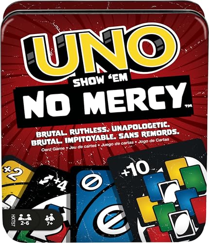 Mattel Games UNO Show ‘em No Mercy Card Game in Storage & Travel Tin for Kids, Adults & Family Night with Extra Cards, Special Rules & Tougher Penalties ( Exclusive)