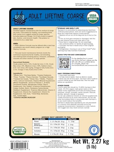 Harrison's Bird Foods Adult Lifetime Coarse Certified Organic Non-GMO Daily Maintenance Formula for Medium to Large Birds, Parrots, Cockatoos, Macaws etc, Suitable for All Life Stages 2.27kg/ 5lb