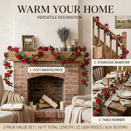 SWSTINLING 2 Pack 16FT Artificial Rose Garland Vine - Silk Fake Red Rose Flower Hanging Vine for Wedding Arch Home Wall Decor Valentine's Day Mother's Day Derby Day Party Decoration