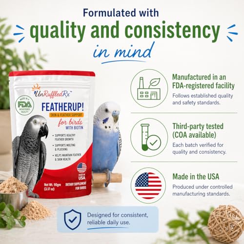 UnRuffledRx FeatherUp! Bird Molting Support & Feather Growth Supplement - for Plucking, Regrowth & Molt - Multivitamin & Amino Acids for All Birds - 90g (240 Servings)