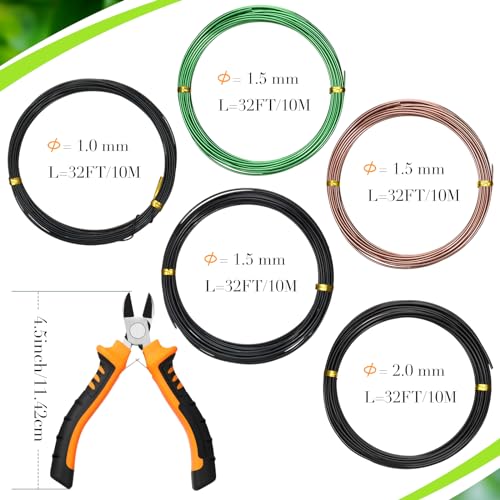 Mudder 5 Roll Aluminum Bonsai Training Wire Tree 1/1.5/2.0mm 160 Feet Total with Bonsai Wire Cutter Anodized Training for Holding Branches Small Trunks(Classic)