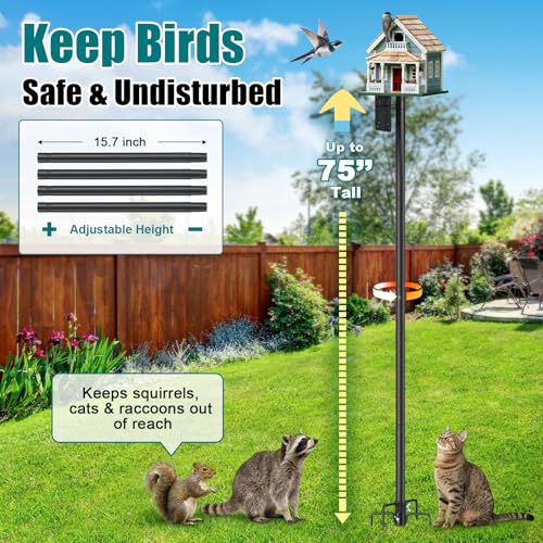 Heavy Duty Bird Feeder Pole - 75" Adjustable Birdhouse Stand Outdoor, Anti-Tip Stakes & Stable Mount for Smart Camera Birdfeeder,Bluebird House, Bird Buddy, Birdfy