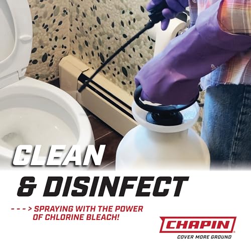Chapin 20075 Bleach Pump Sprayer, 1‑Gallon, Lawn & Garden, Bleach‑Resistant Poly Tank, Funnel‑Top, Anti‑Clog Filter, Adjustable Cone Nozzle, 40" Hose for Cleaning, Mold & Disinfecting Applications