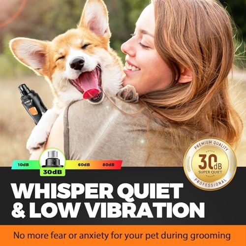 Whisper Quiet Dog Nail Grinder with 4 LED Lights, Safe & Stress-Free for Sensitive Dogs Cats of All Breeds & Sizes, 3 Grinding Bits, 3-Speed, Pet Nail Trimmers, Rechargeable Painless Grooming Kit