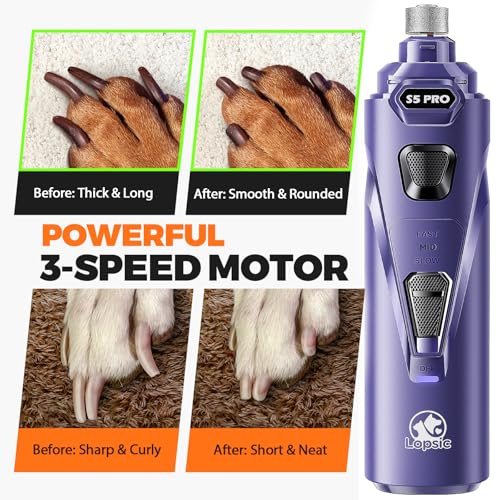 Whisper Quiet Dog Nail Grinder with 4 LED Lights, Safe & Stress-Free for Sensitive Dogs Cats of All Breeds & Sizes, 3 Grinding Bits, 3-Speed, Pet Nail Trimmers, Rechargeable Painless Grooming Kit Blue