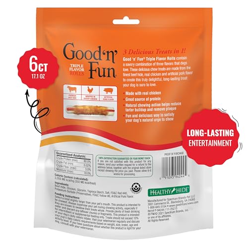 Good ‘n’ Fun Triple Flavor Rolls for Large Dogs, Treat Your Dog to Long-Lasting Chews Made with Real Beef Hide and Chicken, 6 Count