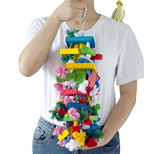 Deloky Bird Block Knots Tearing Toy- 19.7 inch Multicolored Natural Wooden Parrot Chewing Toy Suggested for Macaws cokatoos, African Grey and a Variety of  Parrots. (Large Size)