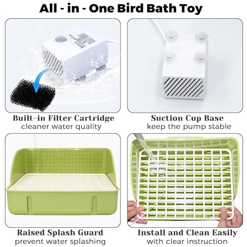 Automatic Parakeet Bird Bath with Pump, Large Bird Shower Fountain Indoor Bathtub with Running Water, Parrot Bath Tub Faucet for Pet Birds, African Grey, Cockatiel, Conure, Budgie, Lovebird