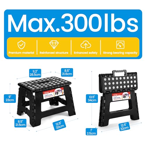 ACSTEP Folding Step Stool 9 Inch, Sturdy Collapsible Kitchen Step Stool Foldable for Kids, Toddlers & Adults, Non Slip Lightweight Foot Stools with Handle, Holds 300 lbs Ideal for Bathroom Bedroom