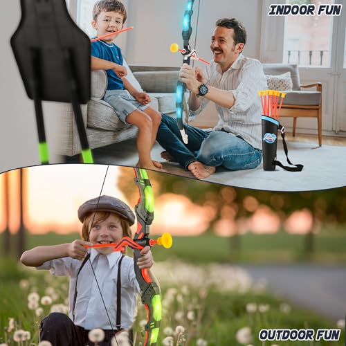 Bow and Arrow Set for Kids, 2 Pack LED Light Up Archery Set with 20 Suction Cup Arrows, Indoor and Outdoor Toy for Boys Girls Age 4-8 8-12 with Standing Target&2 Quivers, Birthday Gift 3-12 Years Old