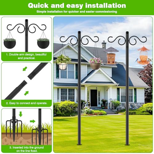 RCUICA Double Shepherds Hooks for Outdoor,2 Pack 90 Inch Bird Feeder Pole with 5 Prongs Base,Heavy Duty Shepherds Hook,Suitable for Garden in Hanging Flower Basket,Lantern,Bird Nests (90 Inch)