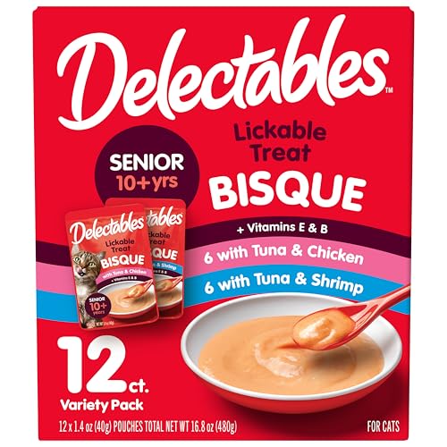 Delectables Lickable Treat Bisque Senior 10+ Wet Cat Treat Variety Pack, Food Topper, Hydrating, Grain-Free, No Fillers, No By-Products, No Added Preservatives, 1.4oz Pouch, 12ct