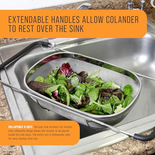U.S. Kitchen Supply Stainless Steel Colander Strainer - 6-Quart Collapsible Colander with Expandable Rubber Handles - Rectangular Sieve, Fine Mesh Stainless Steel Strainers and Colanders for Kitchen