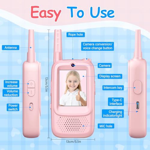 Video Walkie Talkies for Kids, 2 Pack Rechargeable Walkie Talkies with Screen and 4 Voice Changer, Christmas Birthday Gifts for Boys and Girls Ages 3-12, Indoor Outdoor Toys for Family Games, Camping