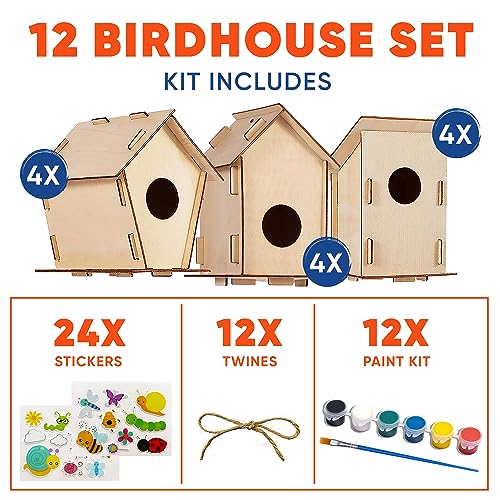12 DIY Bird House Kits For Children to Build - Wood Birdhouse for Kids to Paint - Unfinished Bird Houses - Spring Crafts Kits - Wooden Arts & Craft for Girls & Boys - Classroom & Spring Activity