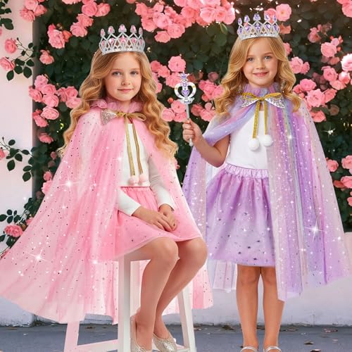 Meland Princess Dress Up for Girls 3-8, Cape with Crown & Tutu, Birthday Gift for Toddler Girls, Pretend Play Toys for Kids
