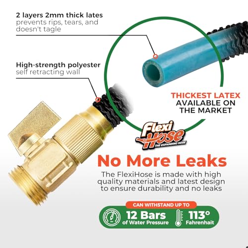 Flexi Hose Lightweight Expandable Garden Hose, 75FT -Retractable Garden Hose, Water Hose - No-Kink Flexibility, 3/4 Inch Solid Brass Fittings and Double Latex Core