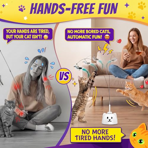 Interactive Cat Toys for Indoor Cats: Upgraded 360° Automatic Spin Flying Bird Feather Wand with Silicone Protected Rod Safe Play, Strong 8cm Suction Cup, USB-Rechargeable for Bored Kittens and Adult