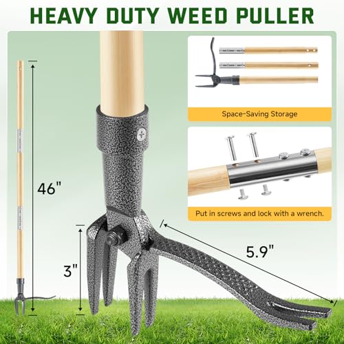 Weed Puller Tool, Stand Up Heavy Duty Weed Remover Tool with Long Handle & 4-Claw Steel Head, Bamboo Garden Hand Weeding Tool - Easily Remove Weeds Without Bending, Pulling,or Kneeling