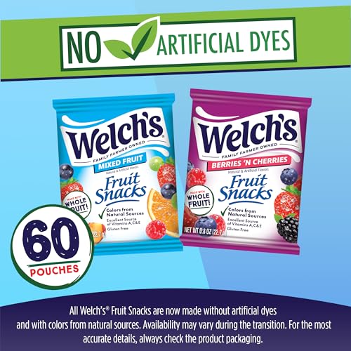 Welch's Fruit Snacks, Mixed Fruit & Berries 'N Cherries Snack Box, Gluten Free, 0.8oz Snack Packs (Pack of 60)